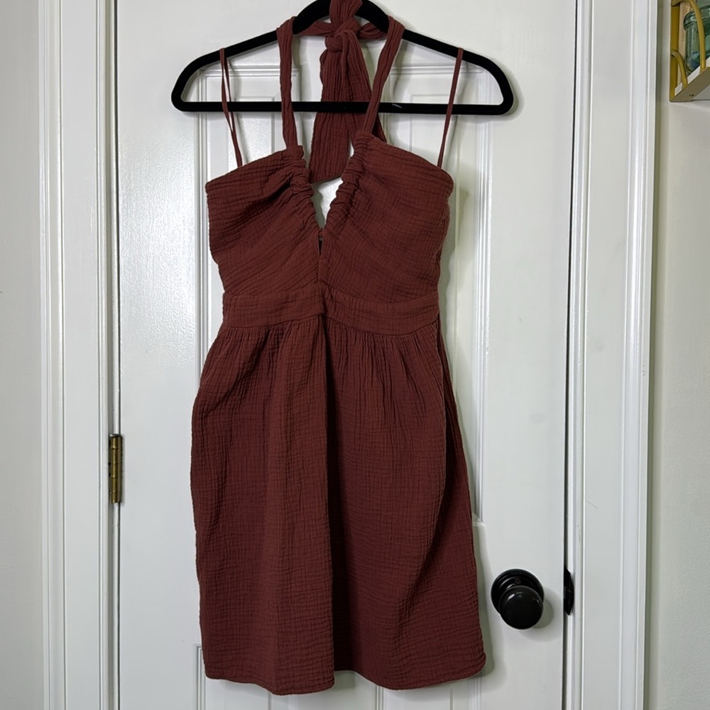 Anthropologie Rust Ruched Tie Front Sundress - Picture 2 of 6